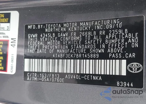 2011 Toyota Camry Le из США, поврежденный, VIN 4T4BF3EK7BR145889